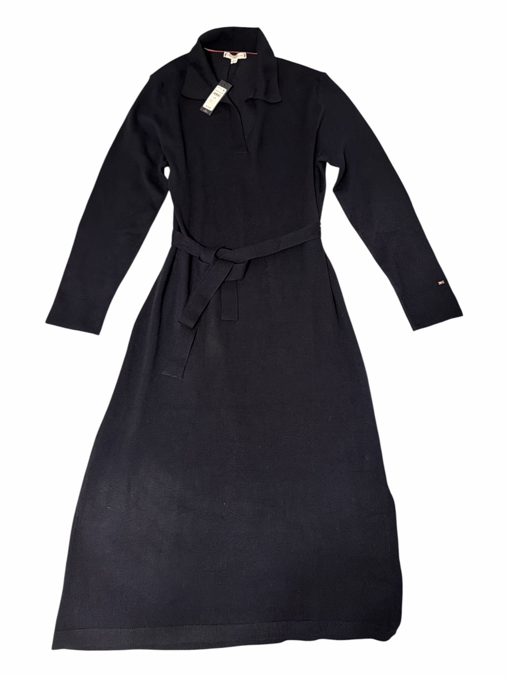 Tommy Hilfiger Black Long Sleeve Knit Belted Midi Dress